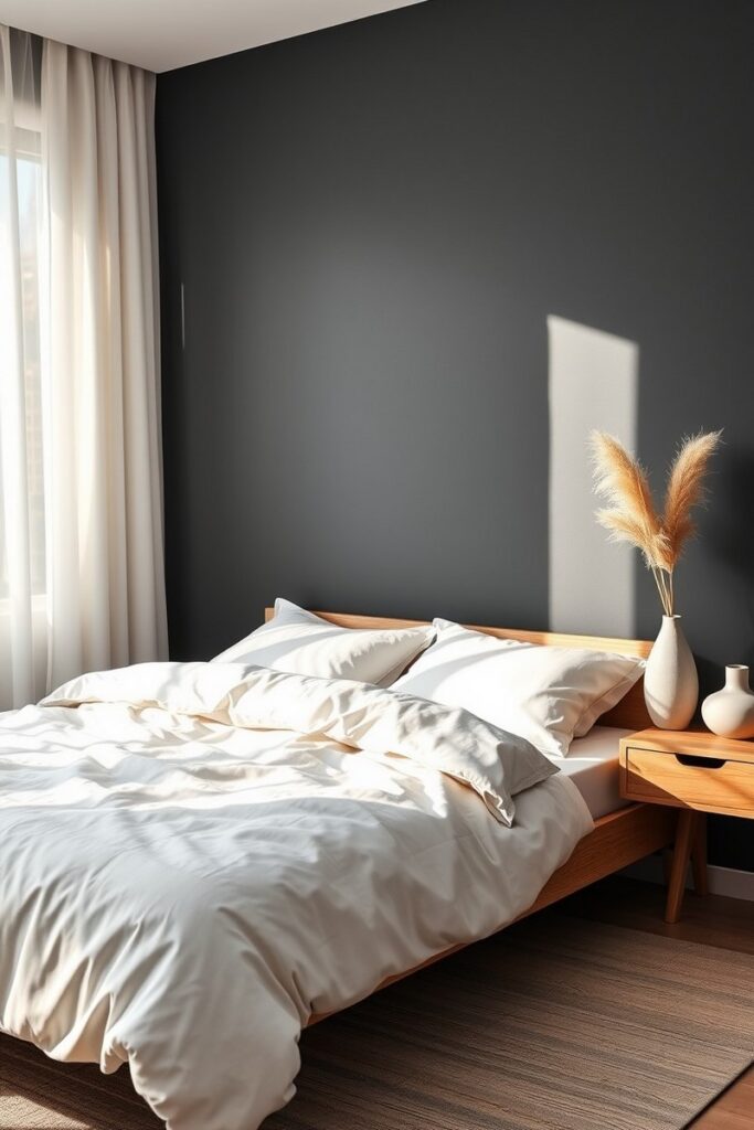 Bedroom accent wall ideas with moody charcoal paint in a cozy modern space with natural wood tones and ivory linens.