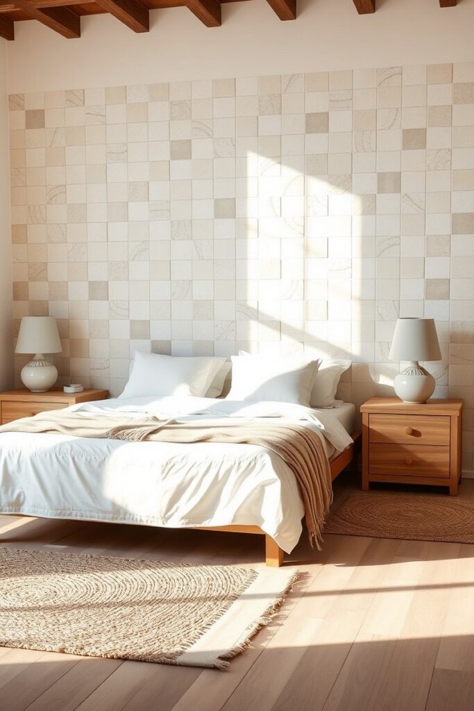 Handmade ceramic tiled feature wall for Mediterranean-style bedroom accent wall ideas.