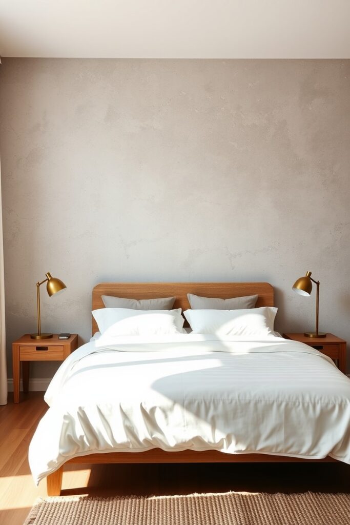 Textured plaster wall in warm gray featuring rustic and refined bedroom accent wall ideas.