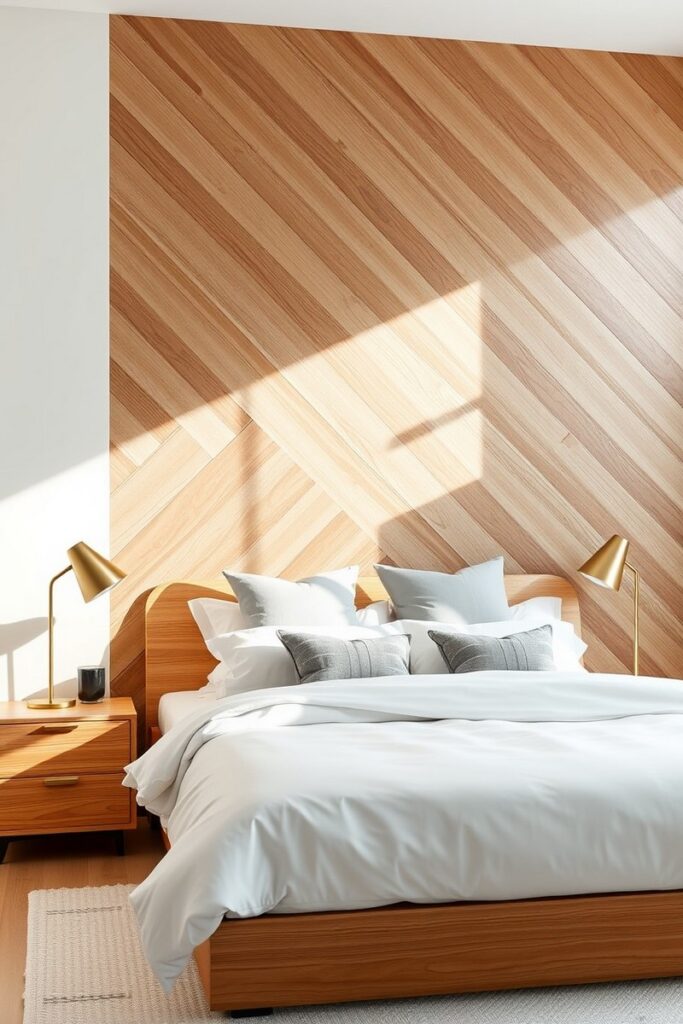 Diagonal wood slat wall in light oak for dynamic and contemporary bedroom accent wall ideas.
