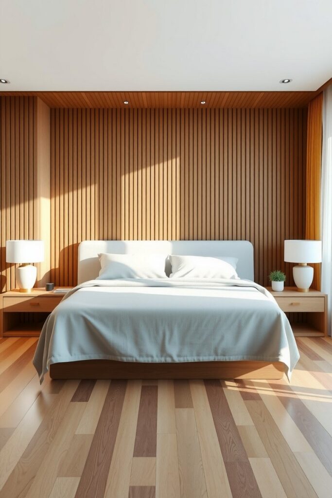 Bedroom accent wall ideas featuring vertical oak slats for a refined modern look with white linens and soft light.
