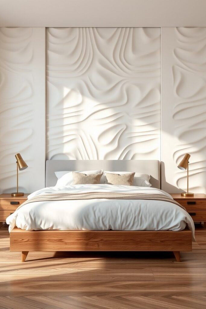 Sculptural wall panels with wave-like ridges as high-end, minimalist bedroom accent wall ideas.
