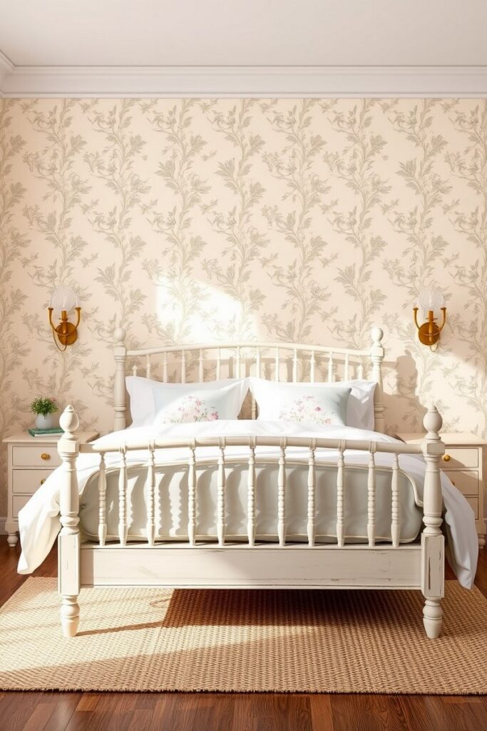 Vintage toile wallpaper featuring soft pastels – timeless and charming bedroom accent wall ideas.