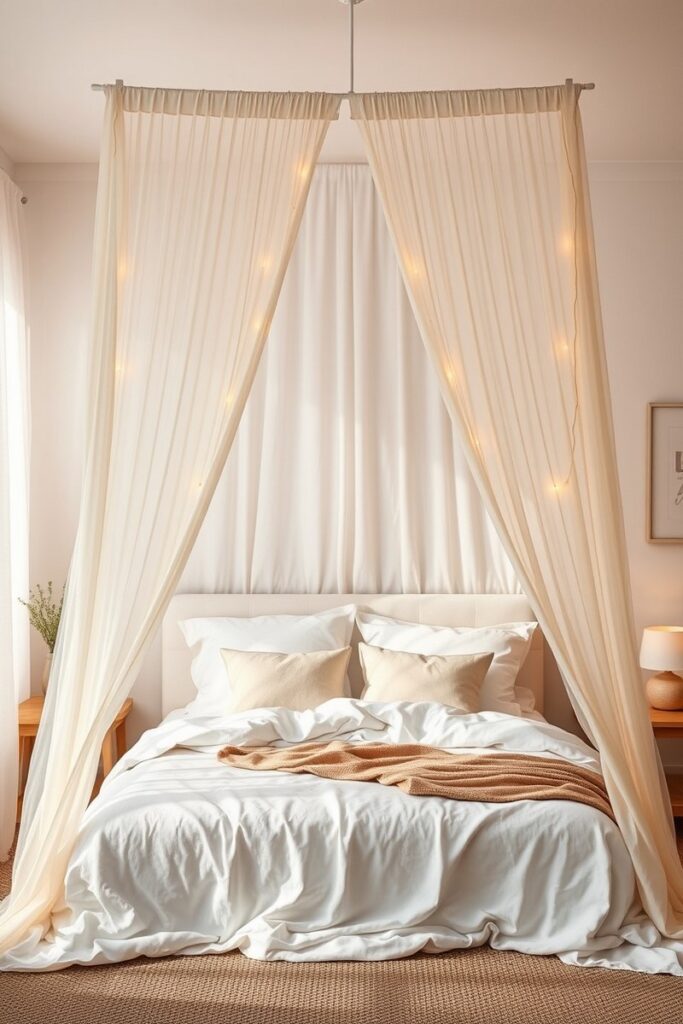 Fabric-draped canopy behind bed offering romantic and soft bedroom accent wall ideas.