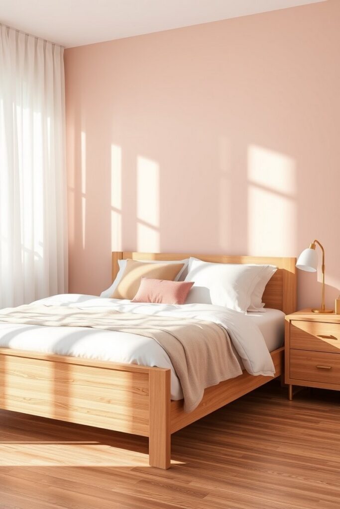 Blush-toned accent wall showcasing bedroom accent wall ideas with natural wood and calming warm decor.