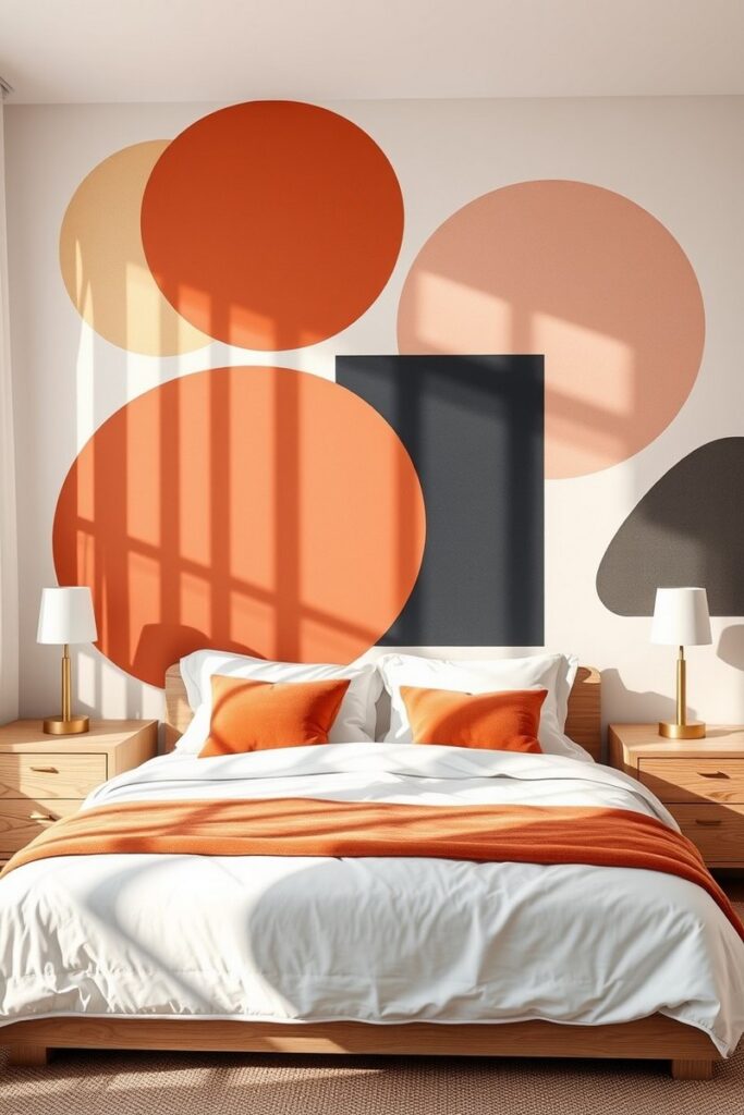 Creative geometric mural in terracotta and charcoal illustrating artistic bedroom accent wall ideas.