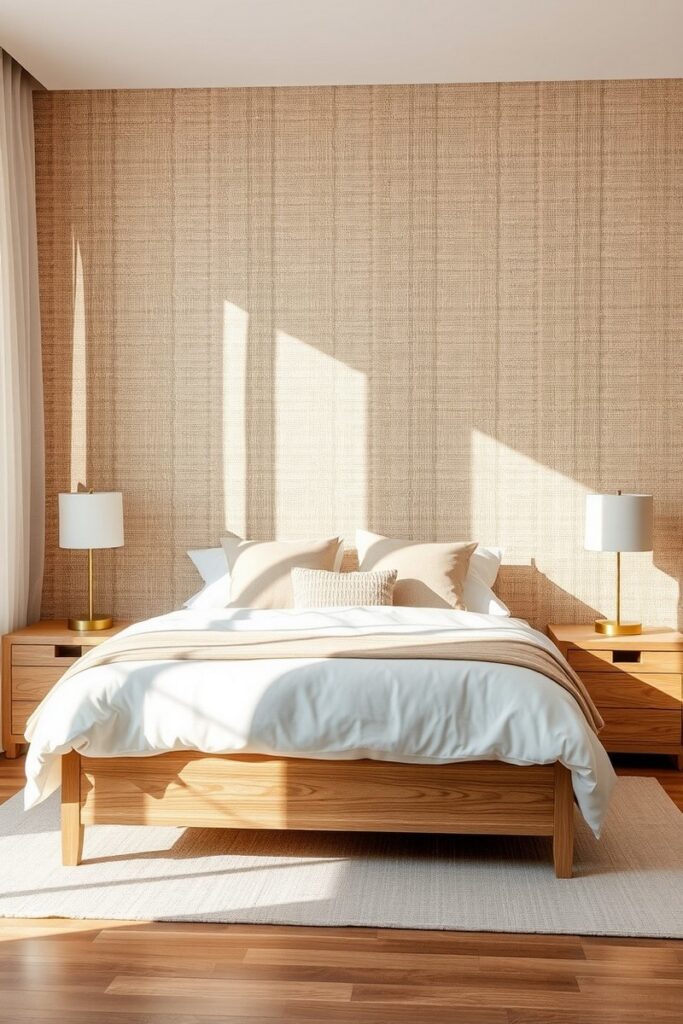 Neutral grasscloth wallpaper showing bedroom accent wall ideas with natural textures and soft taupe tones.