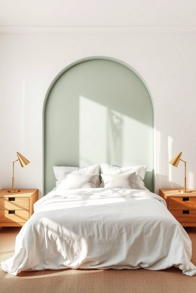 DIY sage green painted arch used as a headboard – clever and minimal bedroom accent wall ideas.
