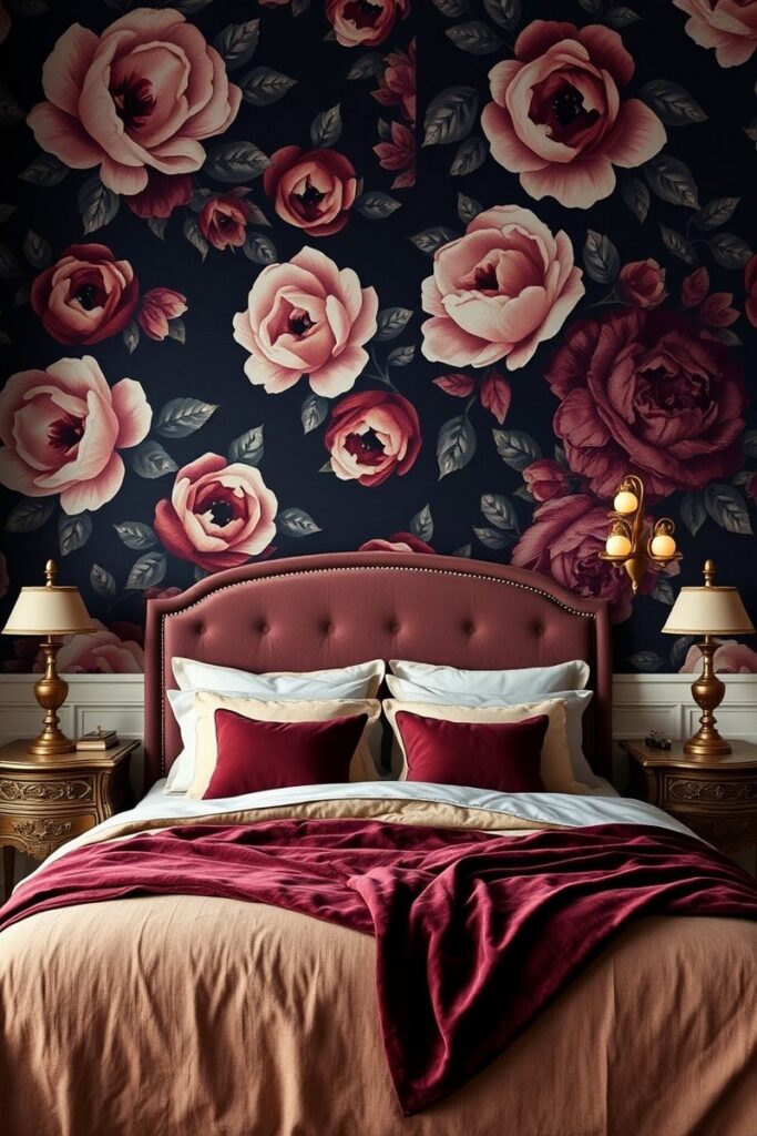 Oversized dark floral wallpaper offering romantic and moody bedroom accent wall ideas.