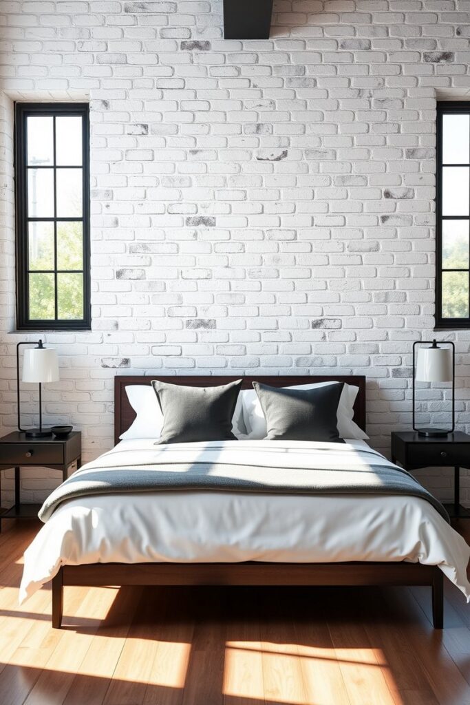 Whitewashed faux brick wall representing urban and industrial bedroom accent wall ideas.