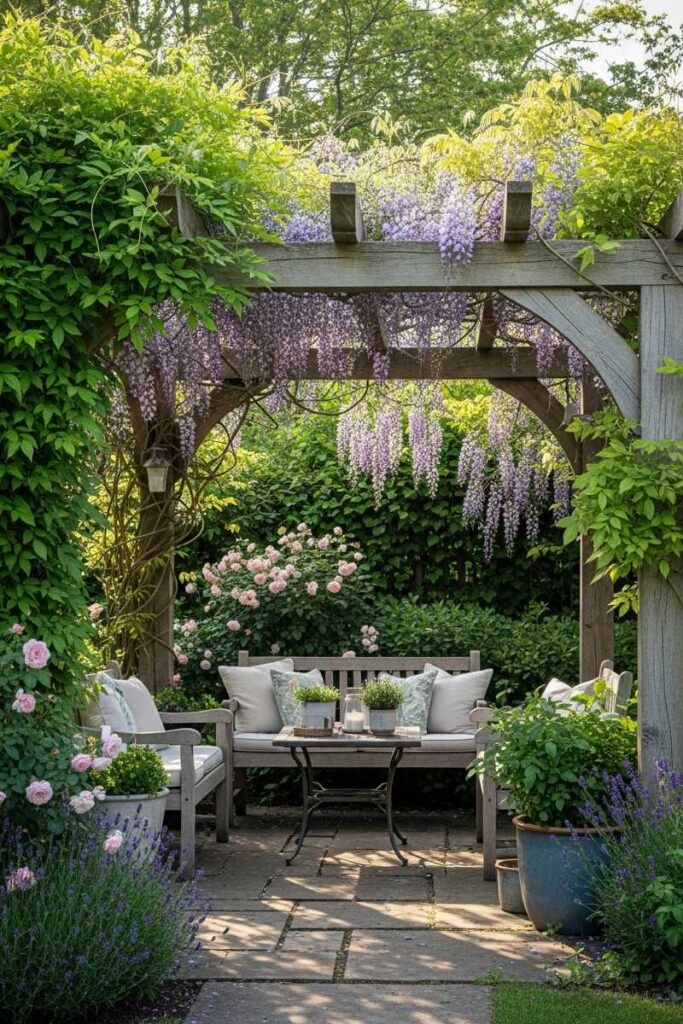Enchanted garden trellis ideas featuring a pergola draped in flowering wisteria and lush vines in soft light.