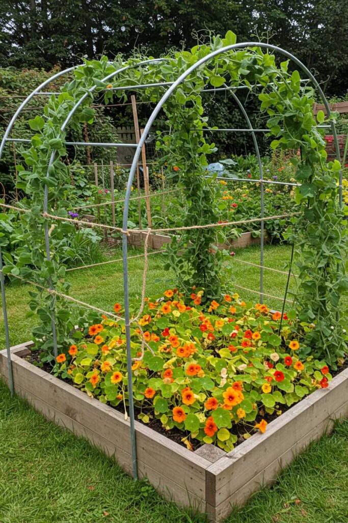Practical garden trellis ideas with a small hoop house over a raised bed, filled with climbing peas and nasturtiums.