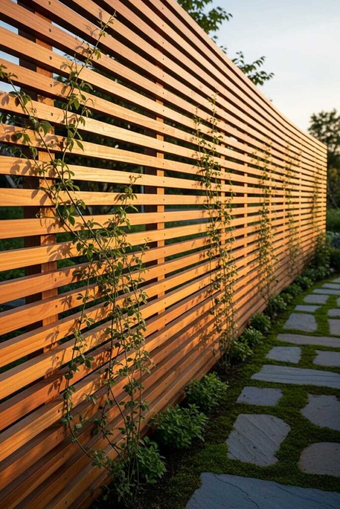 Modern garden trellis ideas with a clean-lined cedar slat wall and green vines gently weaving through.