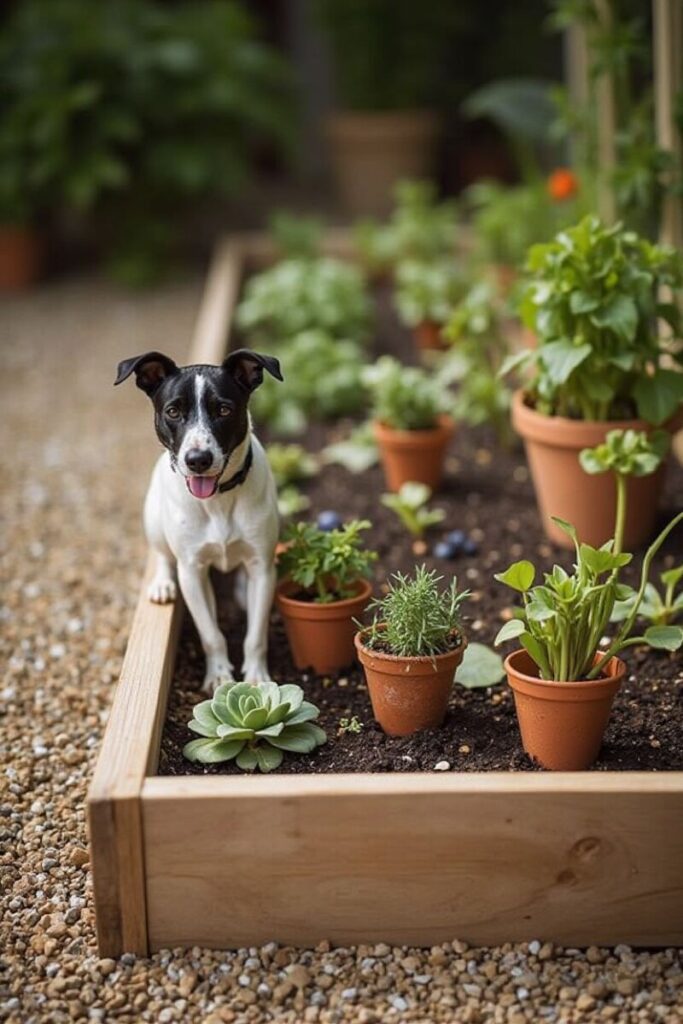 A small dog sits among potted plants in a raised garden bed, a creative and nutritious Dog-Friendly Backyard Idea featuring safe edible vegetation.