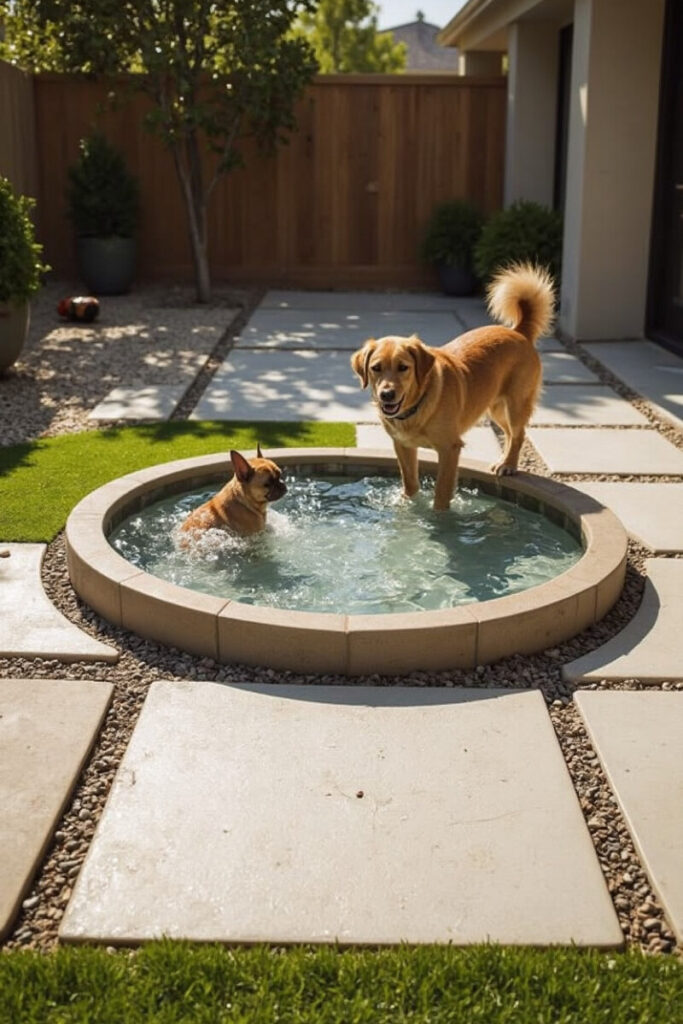 Two dogs play in a shallow concrete pool on a sunny day, part of refreshing Dog-Friendly Backyard Ideas for water-loving breeds.