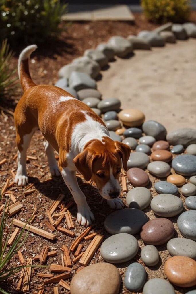 A curious dog sniffs multicolored pebbles along a garden path, representing sensory-rich Dog-Friendly Backyard Ideas to engage a dog’s nose and paws.