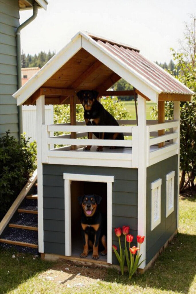 Two Rottweilers sit in front of a two-story wooden doghouse with a red roof, one of the standout Dog-Friendly Backyard Ideas for shelter and shade