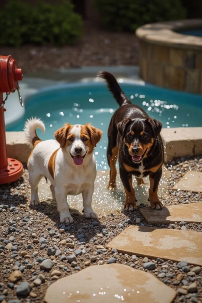 Two small dogs stand near a pool with water splashing and a red fire hydrant, demonstrating water-based Dog-Friendly Backyard Ideas for hot weather fun.