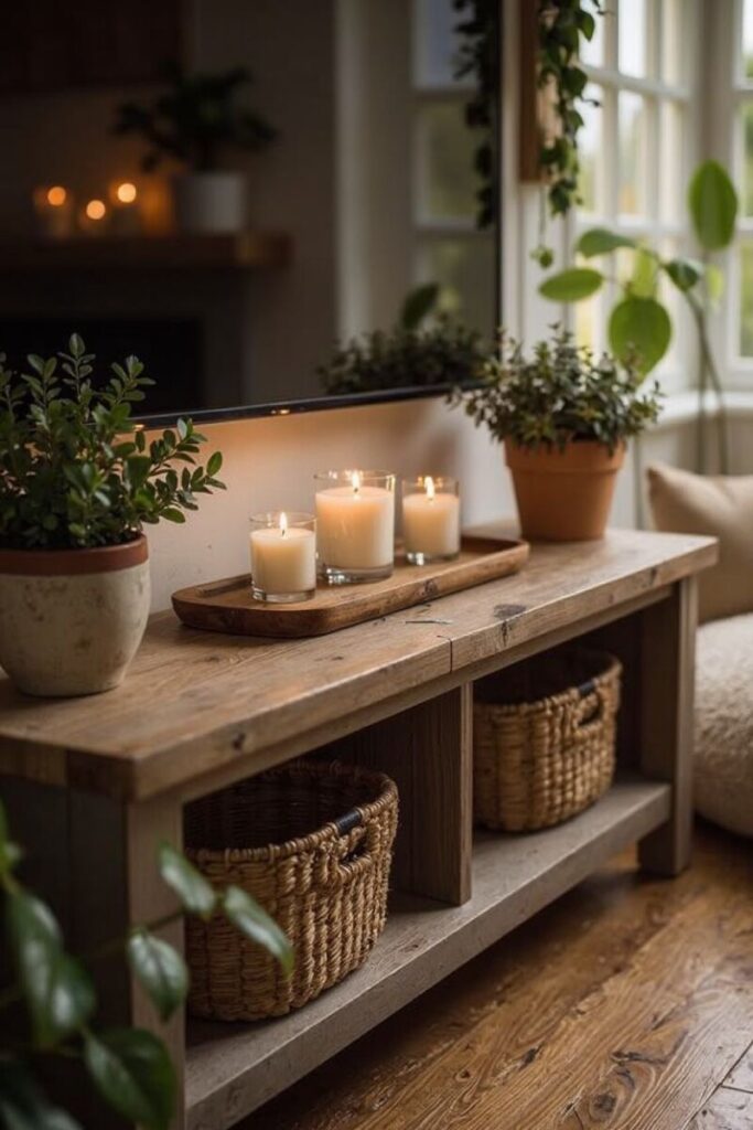 Farmhouse TV stand decor ideas: candle tray and small plants on wood console.