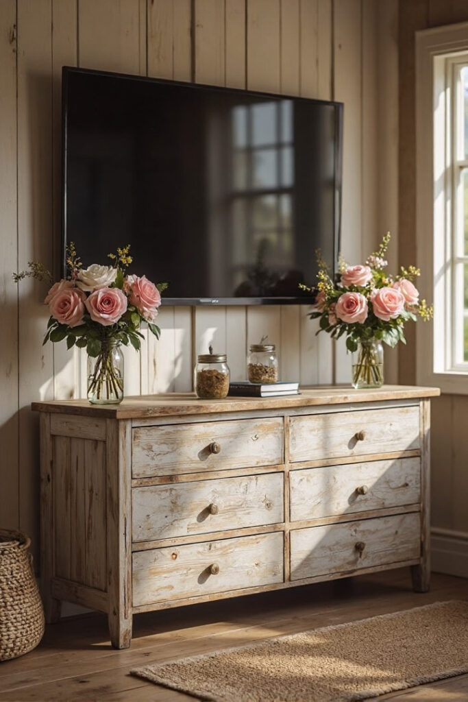 Farmhouse TV stand decor ideas: dresser TV stand with pink roses in glass jars.