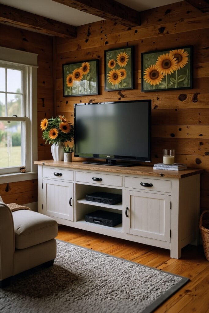 Farmhouse TV stand decor ideas: sunflower art trio over white TV stand.