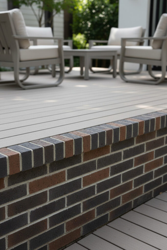 Low-angle view of Roman brick deck skirt with soldier-course cap beneath taupe composite boards; elegant lounge beyond—classic Deck Skirting Ideas with architectural polish.