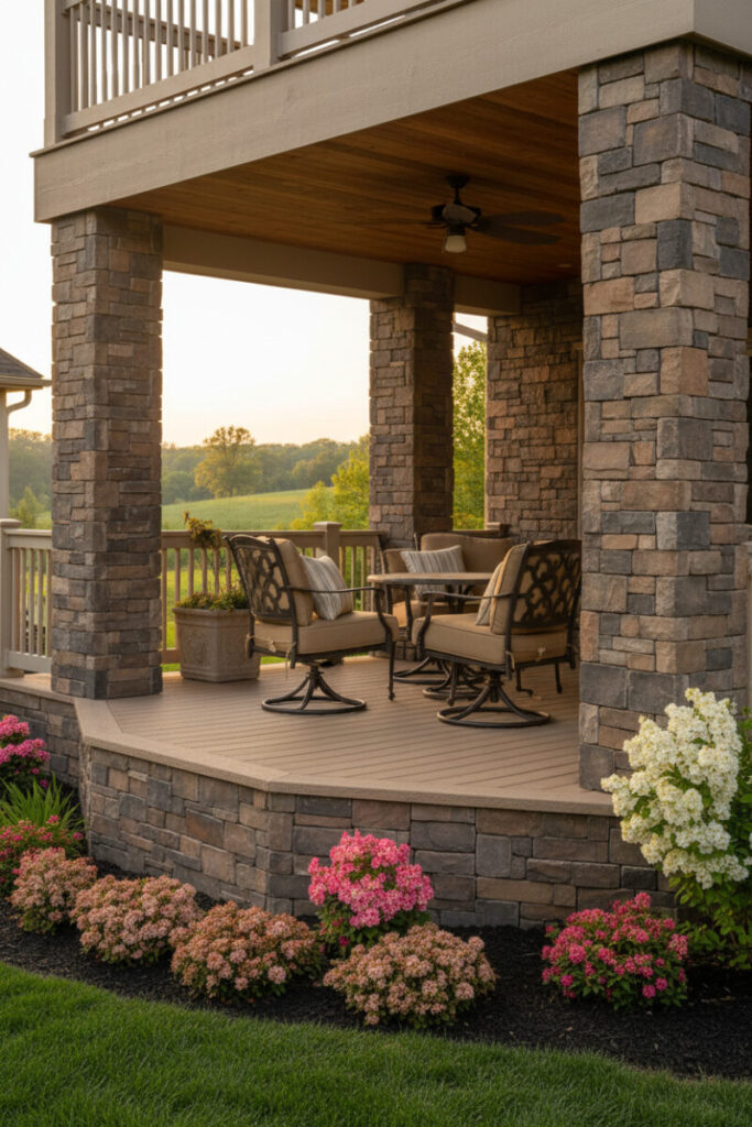 Covered walk-out deck wrapped in faux stacked stone panels on columns and skirt, blooming bed in front—a handsome, low-maintenance deck skirting options choice.