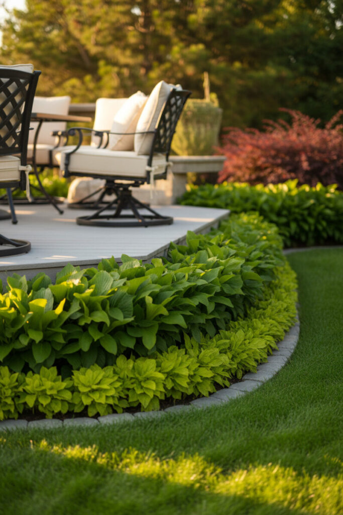 Curving layered garden of chartreuse and deep-green foliage edging a light gray deck; precise stone border and cushioned swivel chair—plant-forward backyard deck design.