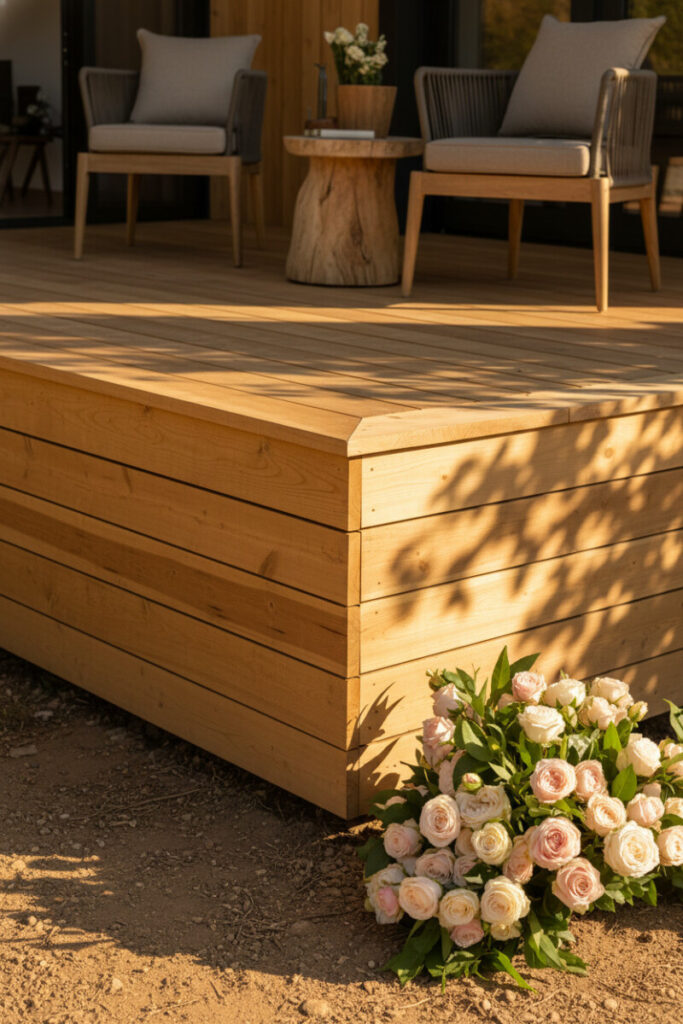 Close view of horizontal blonde cedar planks forming a tight-reveal skirt; sun-dappled bouquet on dry earth for soft, rustic contrast.