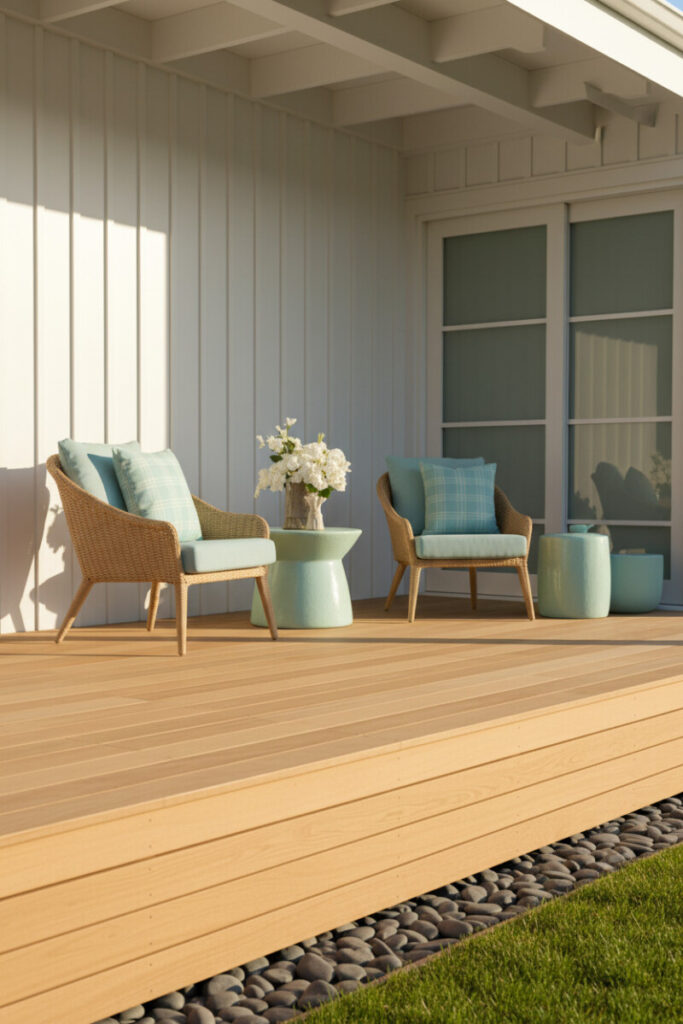 Coastal porch vibe with light wood deck skirting above glossy river stones, wicker loungers with blue cushions, and white shiplap background—breezy Deck Skirting Ideas.