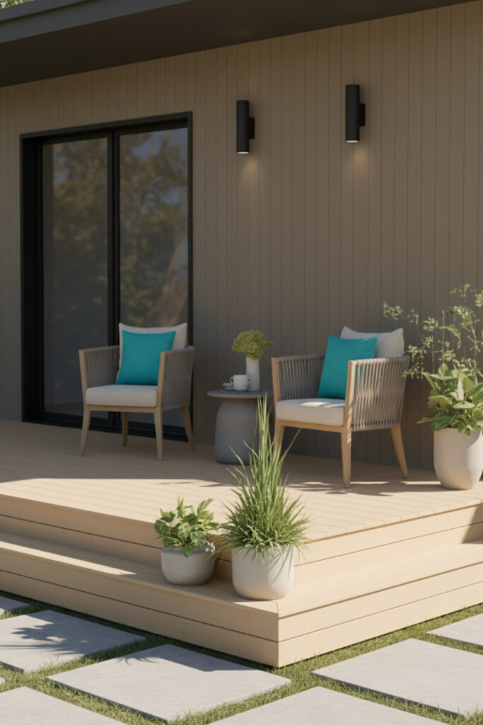Minimal beige composite low-profile skirt transitioning to concrete steppers set in turf; matte black sconces and large sliders—streamlined deck skirting materials.