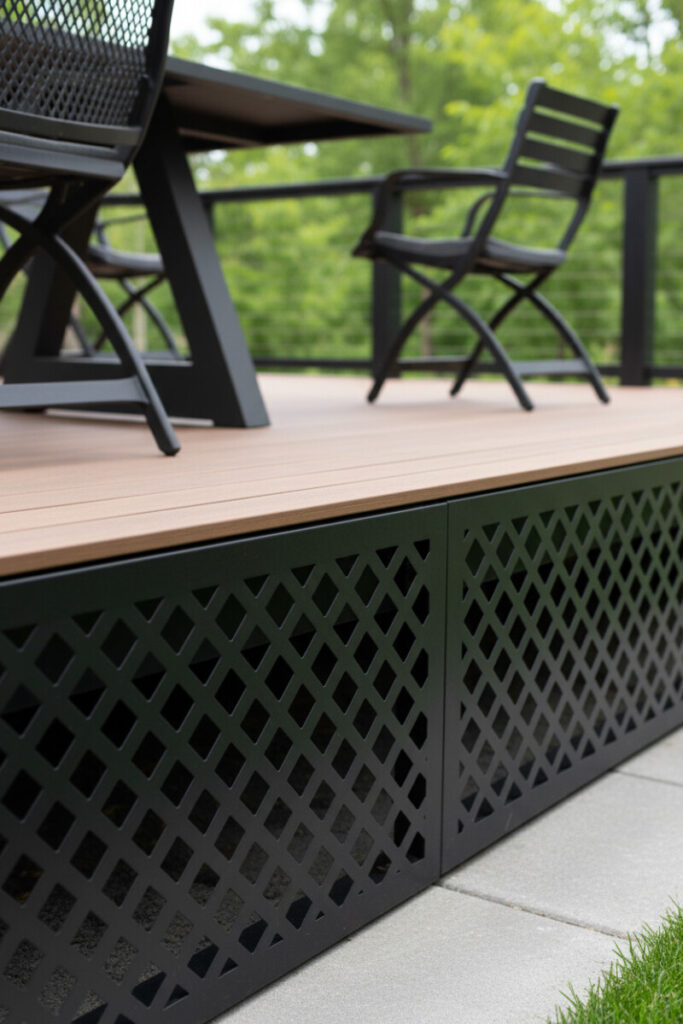 Matte charcoal metal lattice with crisp diamond geometry under medium-brown composite boards; lawn and pavers frame this sturdy, low-maintenance deck skirting options.