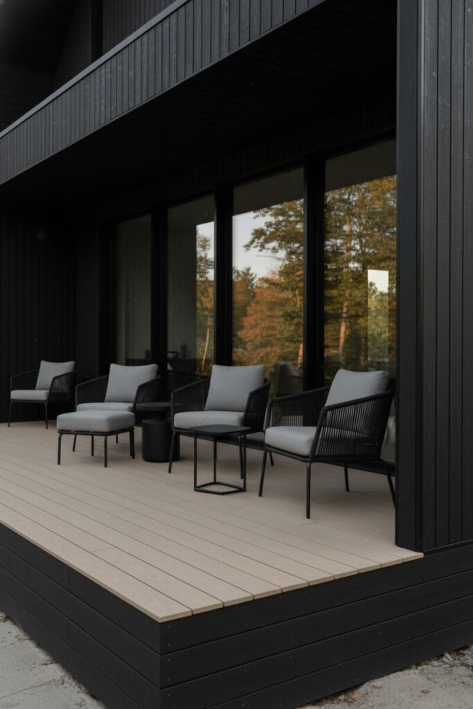 Modern residence with matte-black horizontal aluminum skirting and wide beige composite decking; rope chairs and glass doors—pared-back Deck Skirting Ideas.