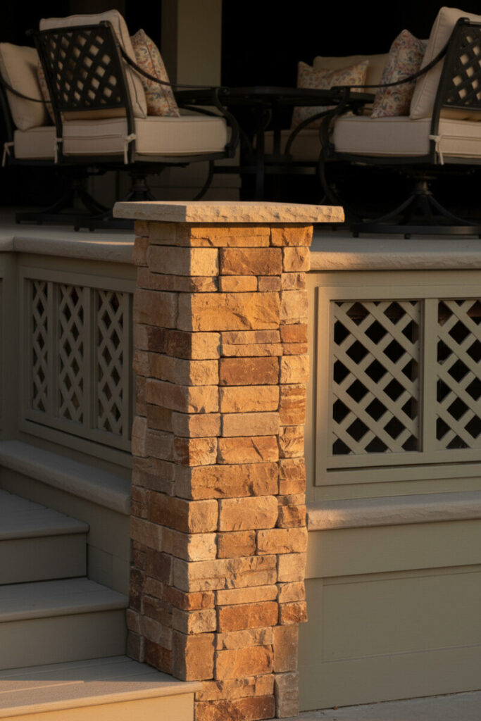 Raised deck featuring sage-taupe paneled frame with diamond lattice infill, fieldstone pillar, and muted gray steps—crafted focal point for backyard deck design.