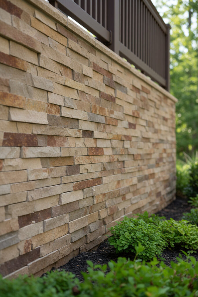 Dry-stacked stone veneer skirting with rich texture and varied tones, dark composite rail above, groundcover at base—naturalistic deck skirting materials.