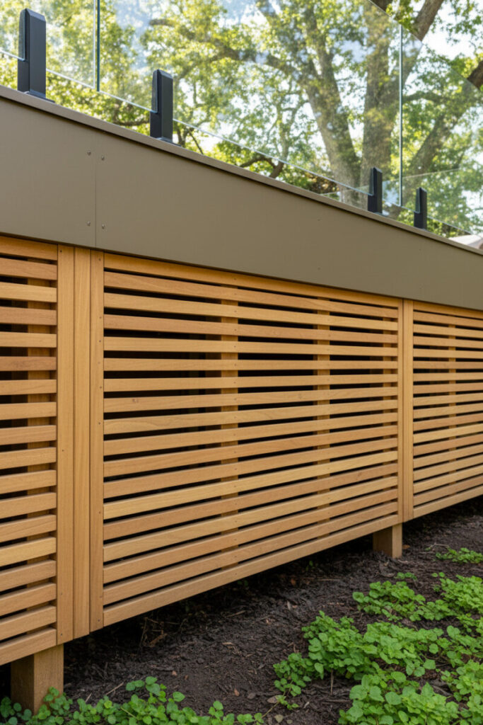 Warm cedar vertical slat privacy screen with bronze fascia and frameless glass balustrade; dappled forest reflections—elegant Deck Skirting Ideas.