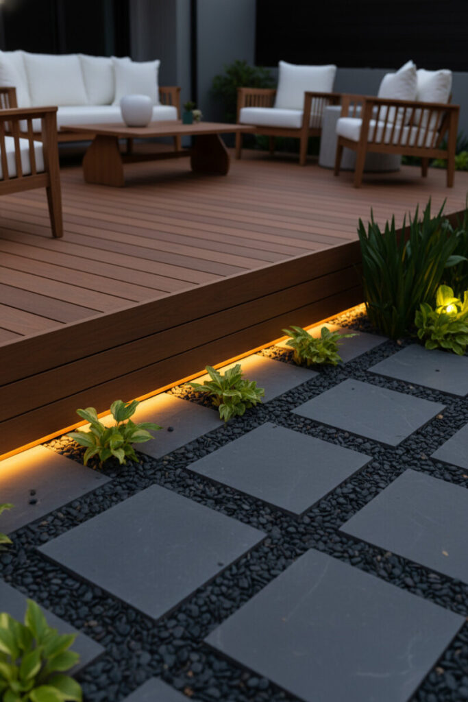 Twilight shot of reddish-brown composite decking with warm underlighting, slate pavers, and river pebbles—luxury detail that elevates backyard deck design.