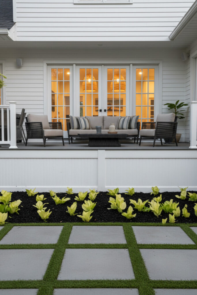 Traditional home with white vinyl deck skirting over black mulch and chartreuse plants; geometric paver grid—bright, low-maintenance deck skirting options.
