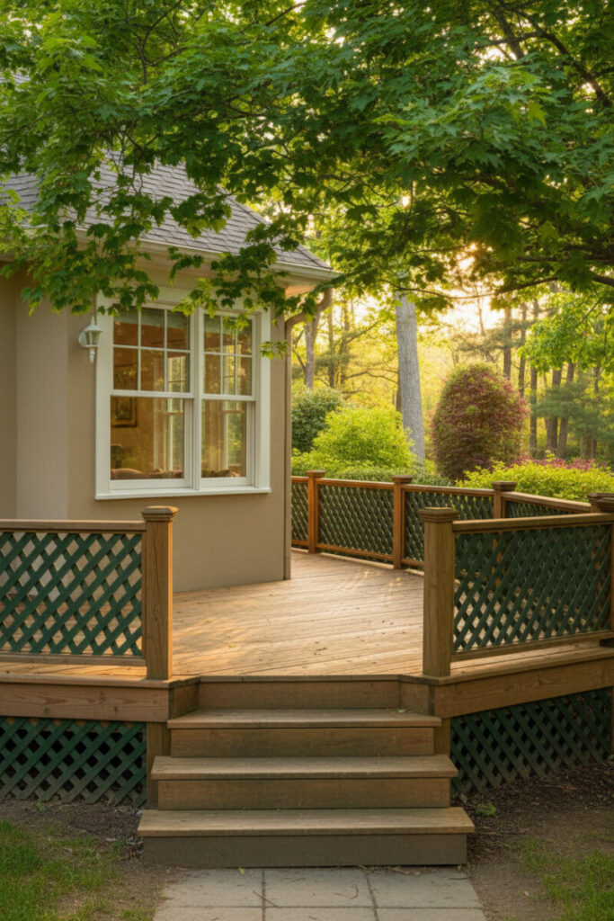 Cottage deck with dark green wooden trellis panels used as railing and skirting, weathered steps, and golden-hour dappled light—charming budget-friendly deck skirting ideas.