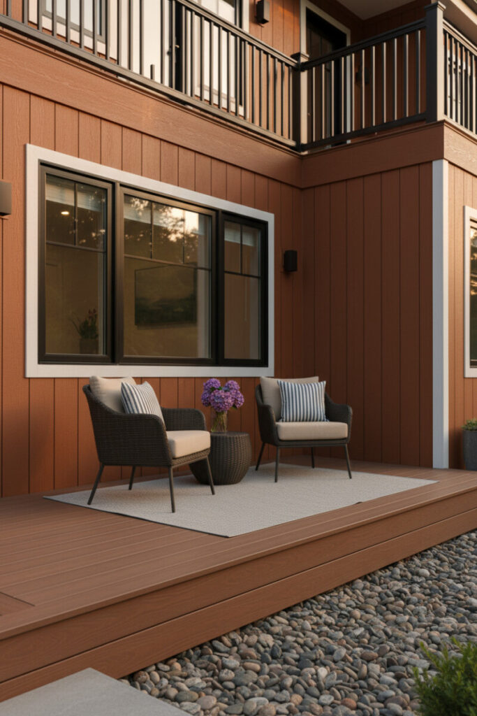 Golden-hour exterior with composite fascia boards wrapping steps and perimeter, diagonal deck layout, and hydrangeas—clean-lined solution highlighting deck skirting materials.