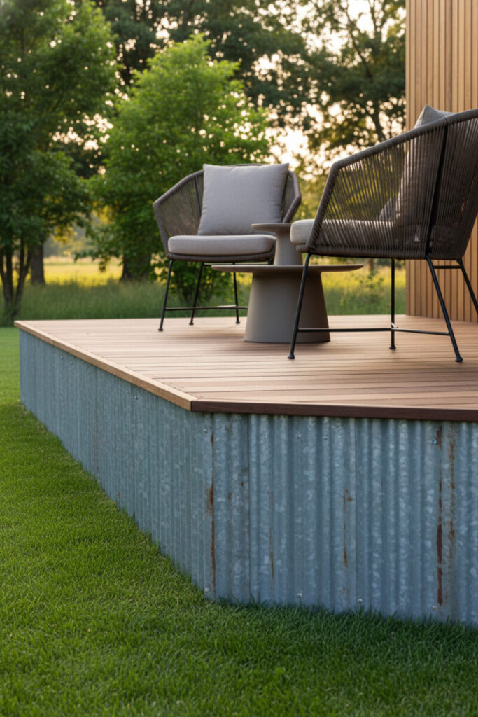Rustic-modern deck edged in vertical corrugated galvanized metal skirting, cedar header, and emerald lawn—a durable pick among low-maintenance deck skirting options.
