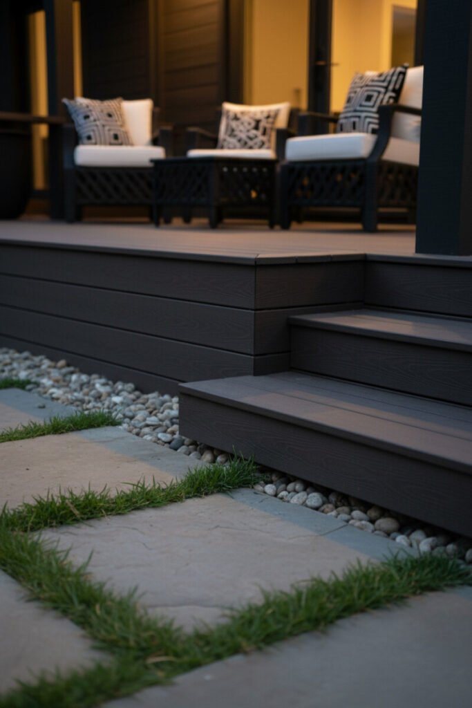 Moody dark wood deck skirting and steps with ornamental grasses woven through flagstone; soft interior glow reflecting on matte grain.