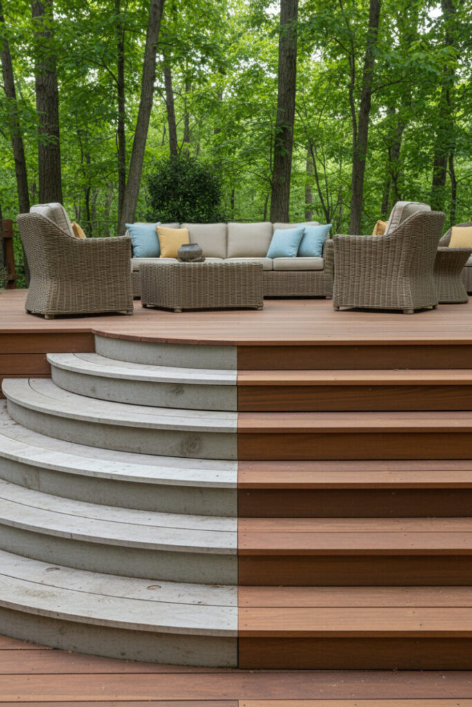 Dual-tone staircase skirting—curved weathered gray meets straight mahogany treads—forest canopy backdrop and woven lounge set for sculptural backyard deck design.