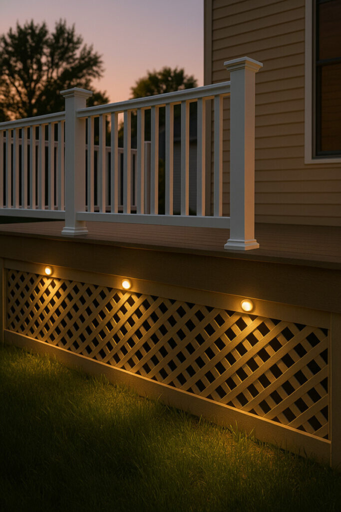 Blue-hour lattice skirt with three recessed amber puck lights washing diamond pattern; white vinyl railing silhouette—night-ready Deck Skirting Ideas.