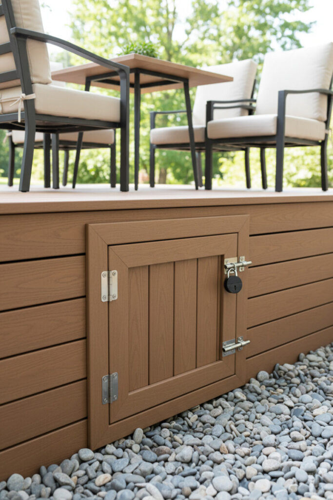 Composite skirting with centered vertical-plank storage door on stainless T-hinges, padlock, and river pebble base—neat access showcasing deck skirting materials.