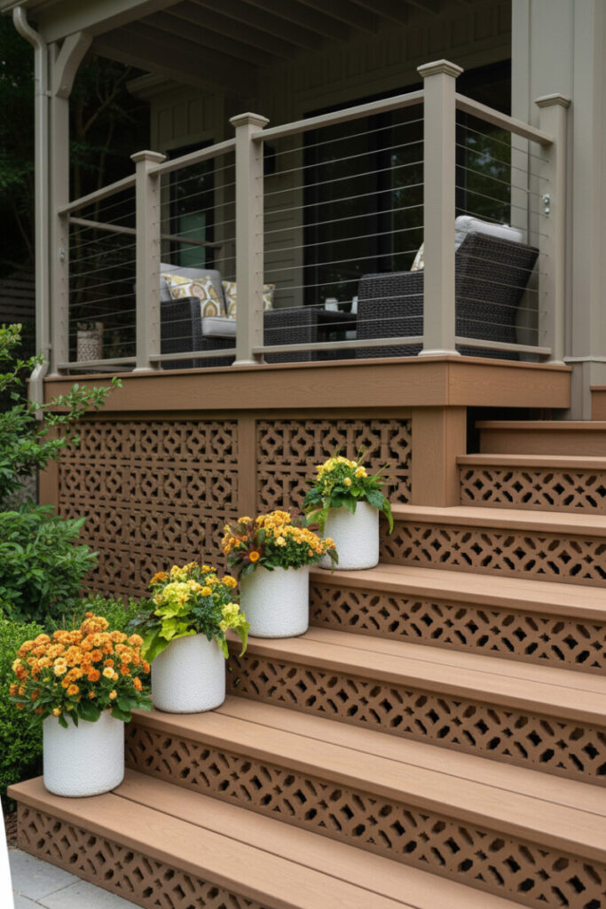 Laser-cut decorative lattice used on risers and skirt, trio of white planters, and cable rail—ornamental pattern with ventilation.