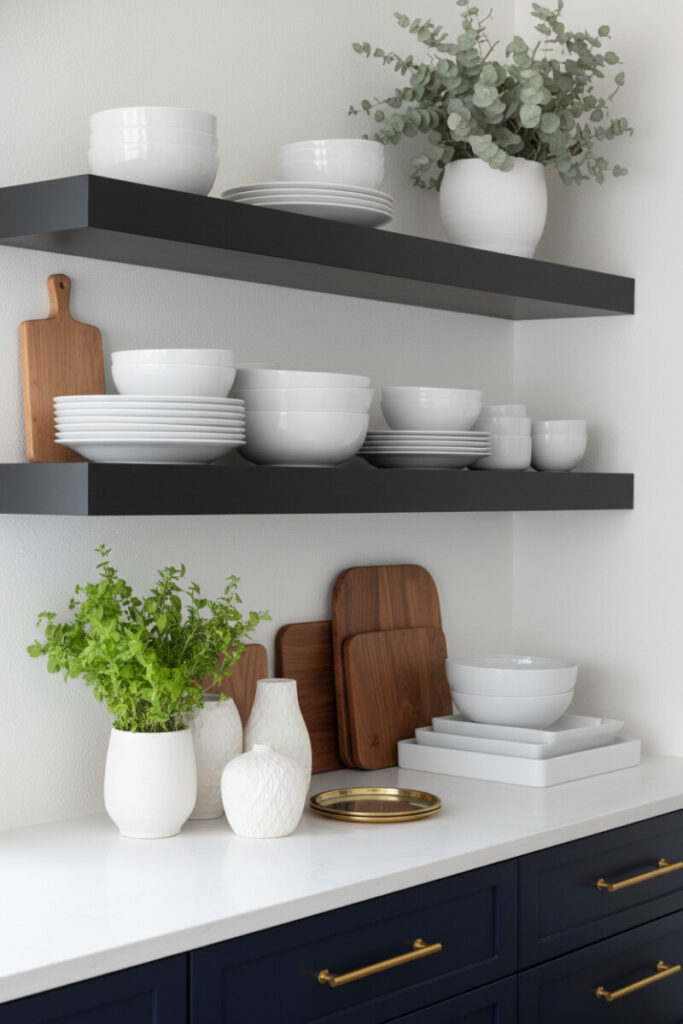 Black matte floating shelves styled with crisp white porcelain dishes, eucalyptus in a white planter, and navy shaker cabinets below—clean contrast for Kitchen Shelf Decor Ideas and smart kitchen shelf styling.