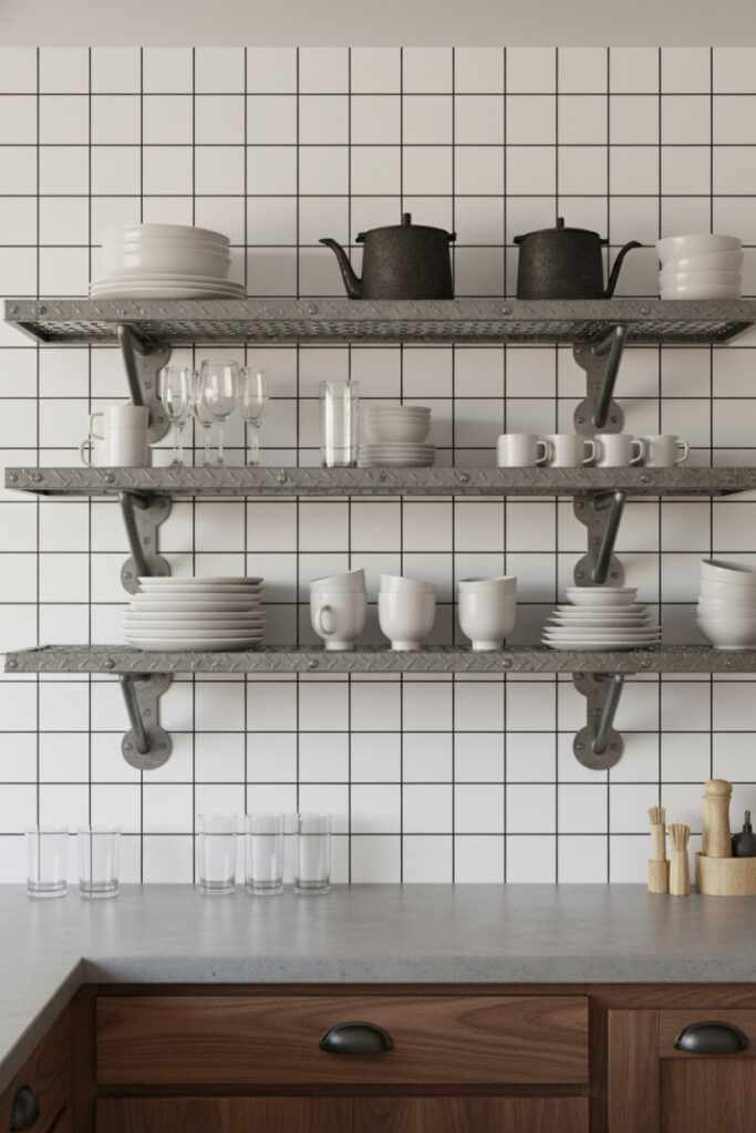 Gray metal shelves on heavy black brackets holding white dishes and oxidized teapots above a concrete counter and walnut drawers—industrial farmhouse mood.