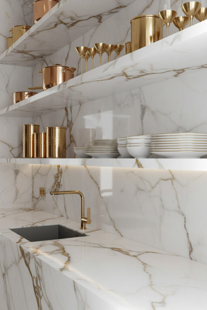 Seamless marble shelves and backsplash with gold and copper cookware, gold-rimmed plates, and brass faucet—opulent tableau perfect for high-end Kitchen Shelf Decor Ideas.
