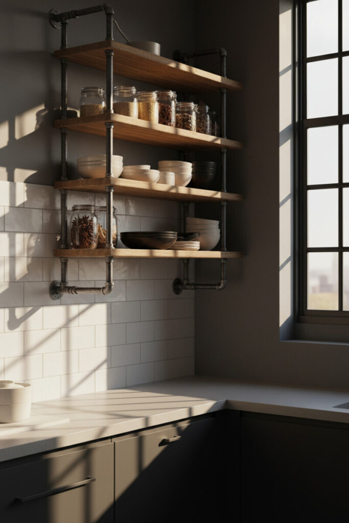 Dark rustic wood planks on black iron pipe supports stacked with cream and matte black bowls plus grain jars—sunlit brick backdrop showcasing sturdy open shelving ideas.